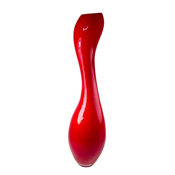Red Mid Century Modern Glass Vase White Glazing Inside Heavy U